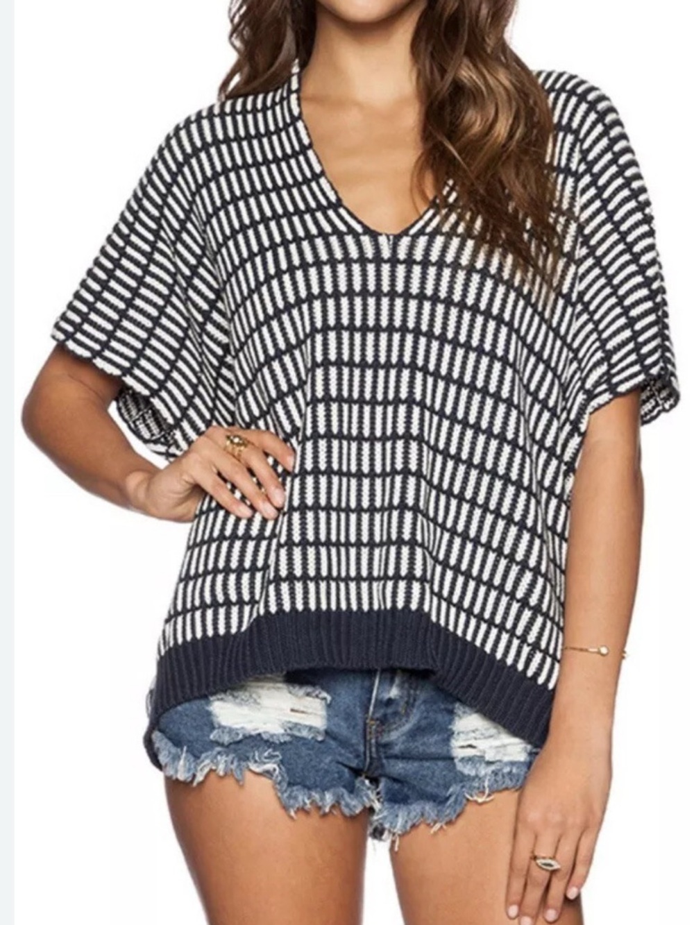 Free People V-neck Sweater Navy White Size L